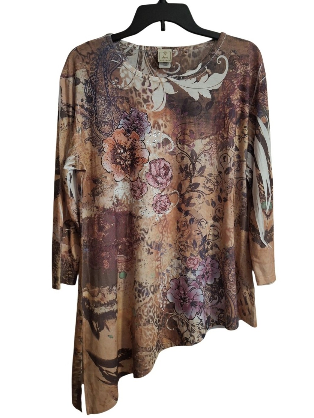 Jess & Jane Asymmetrical Floral Paisely Print Rinestone Tunic Top Size XLarge